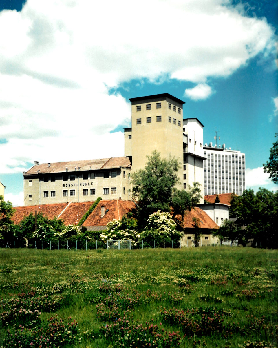 Darstellung der Rösselmühle aus Betriebszeiten mit Blick aus dem Oeverseepark